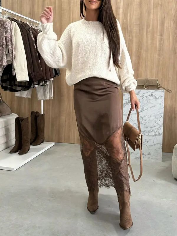 Lace Satin Midi Skirt