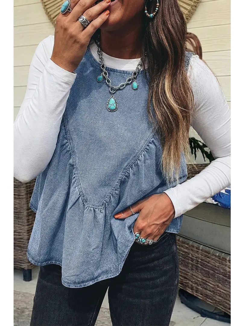 Denim Pleated Sleeveless Top