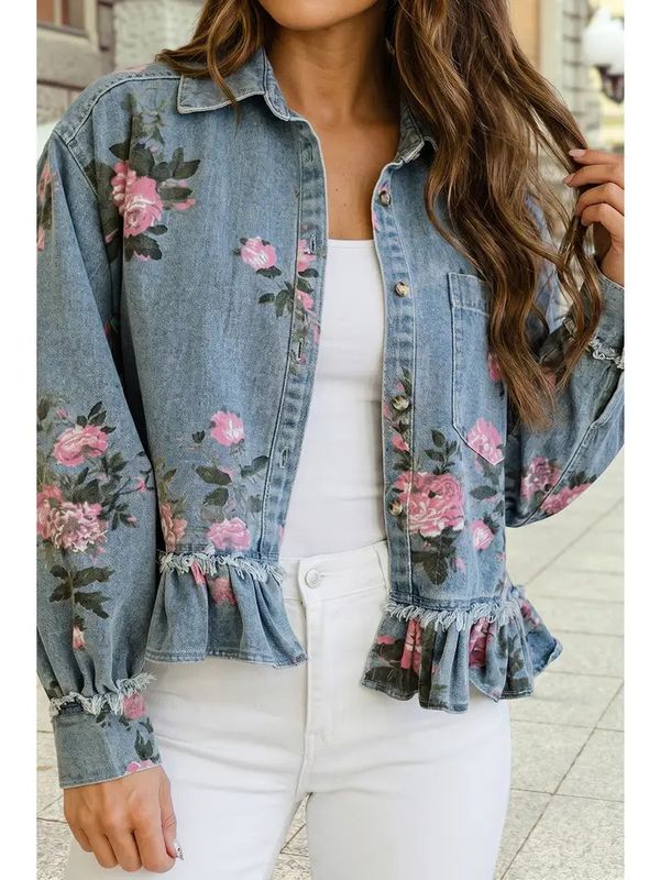 Rose Floral Ruffle Denim Jacket