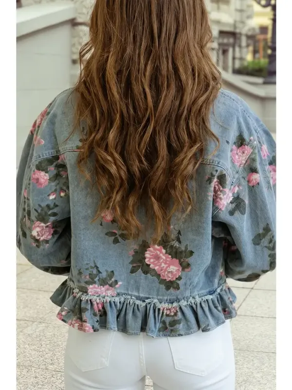 Rose Floral Ruffle Denim Jacket