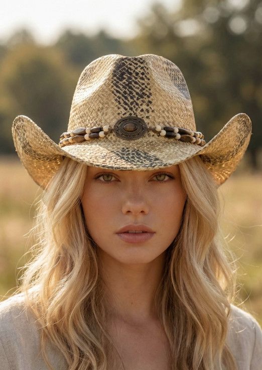 WESTERN STRAW BRAIDED BEADED STRAP COWBOYO HAT
