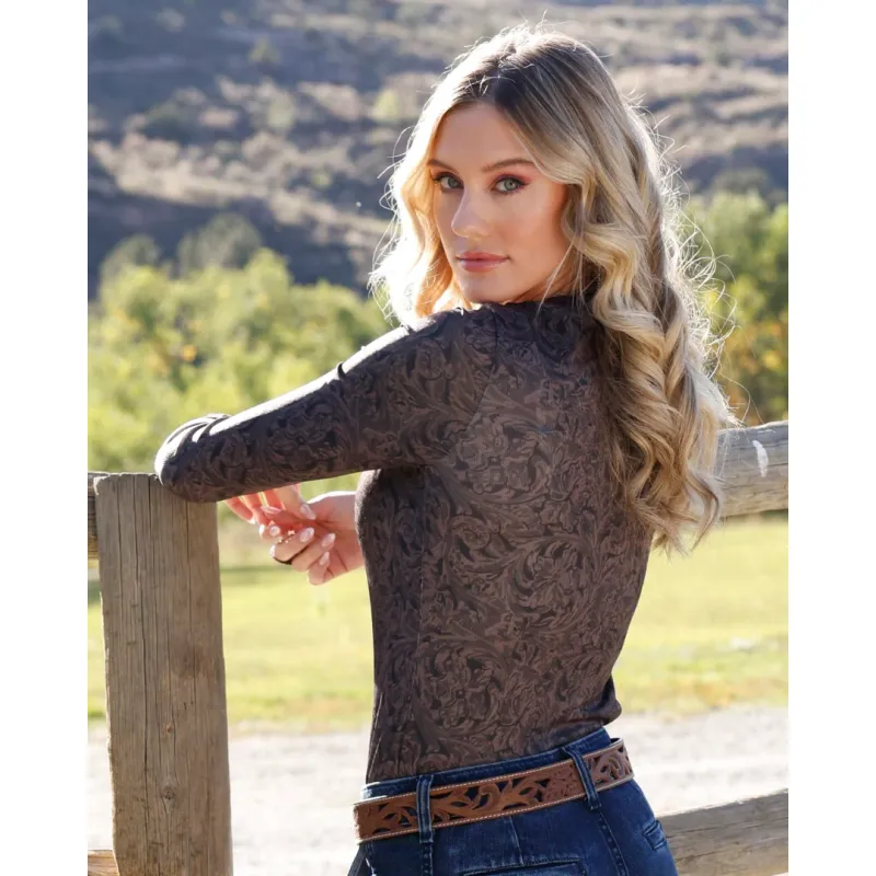 CRUEL DENIM RIBBED FLORAL MOCK NECK TOP