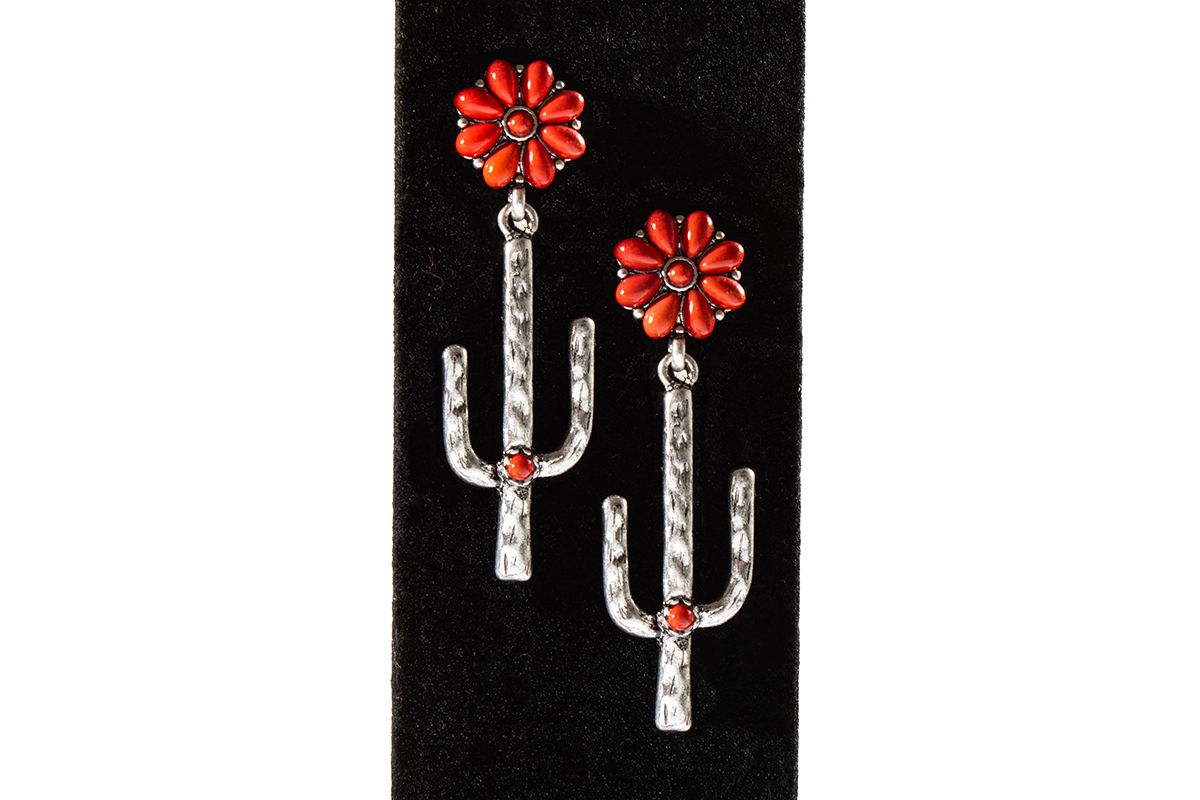 SILVER STRIKE RED FLOWER CACTUS EARRINGS