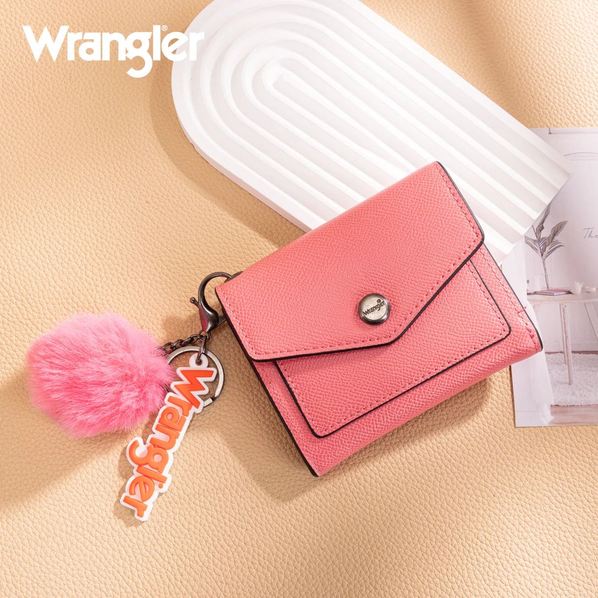WRANGLER TRI-FOLD WALLET WITH KEYRING POM POM, Color: PEACH