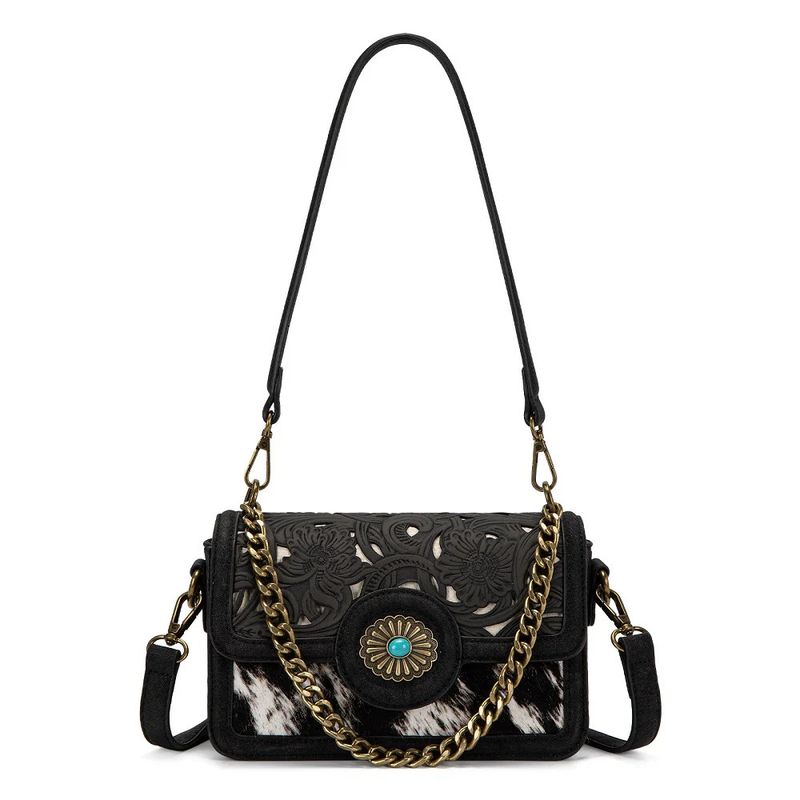 TRINITY RANCH COWHIDE FLORAL CUTOUT CROSSBODY BAG