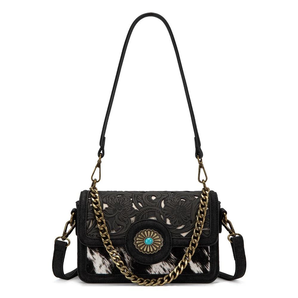 TRINITY RANCH COWHIDE FLORAL CUTOUT CROSSBODY BAG, Color: BLACK