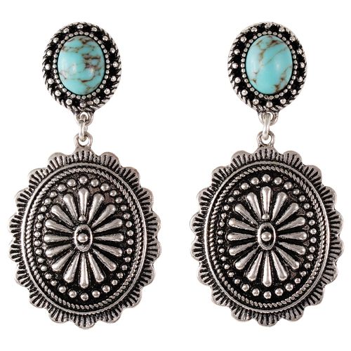 JUSTIN LADIES EARRINGS OVAL CONCHO WITH TURQUOISE COLORED STONE
