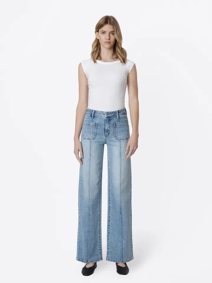 VERVET HIGH RISE PATCH POCKET PINTUCK WIDE JEANS