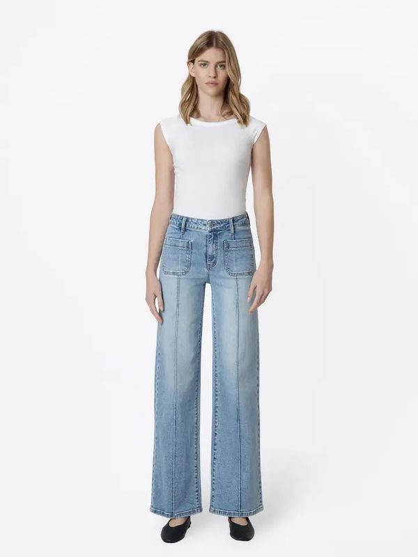 VERVET HIGH RISE PATCH POCKET PINTUCK WIDE JEANS