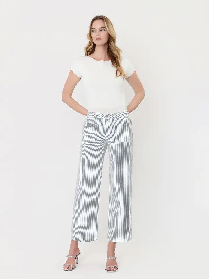 HIGH RISE PATCH POCKET CROP STRIPED WIDE LEG JEAN
