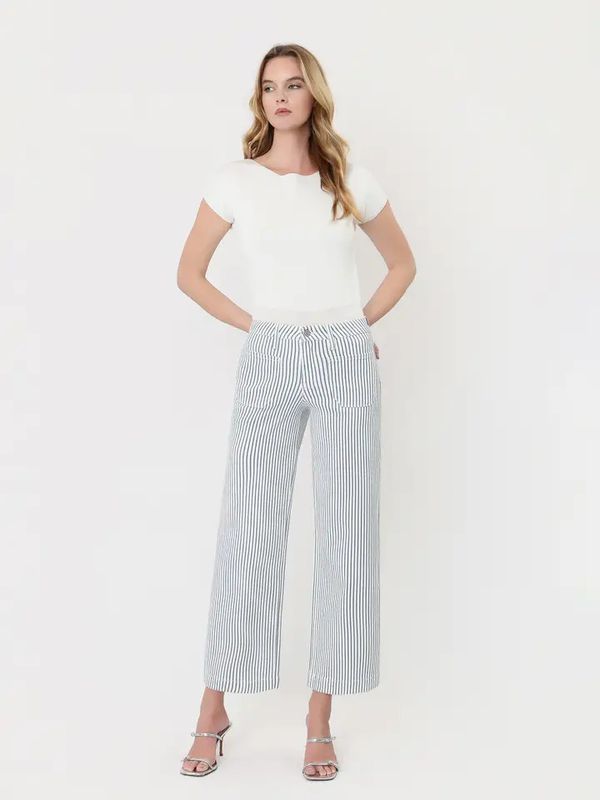 HIGH RISE PATCH POCKET CROP STRIPED WIDE LEG JEAN
