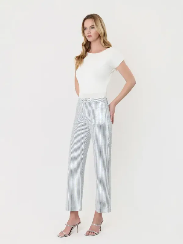 HIGH RISE PATCH POCKET CROP STRIPED WIDE LEG JEAN