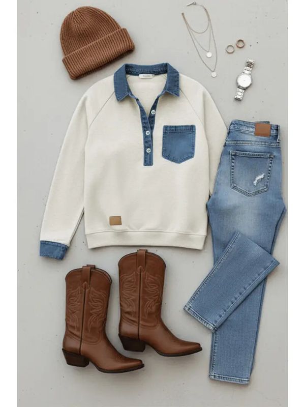 DENIM COLLAR PATCHWORK PULLOVER