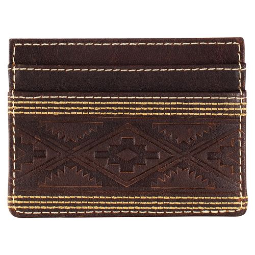 JUSTIN MENS GENUINE LEATHER SLIM CARD WALLET AZTEC EMBOSS W/STITCHING