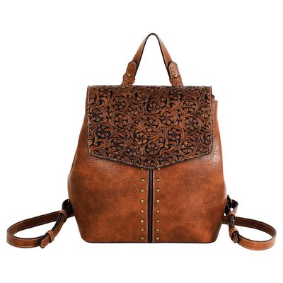 JUSTIN MINI BACKPACK TAN W/FLORAL EMBOSS AND STUDS