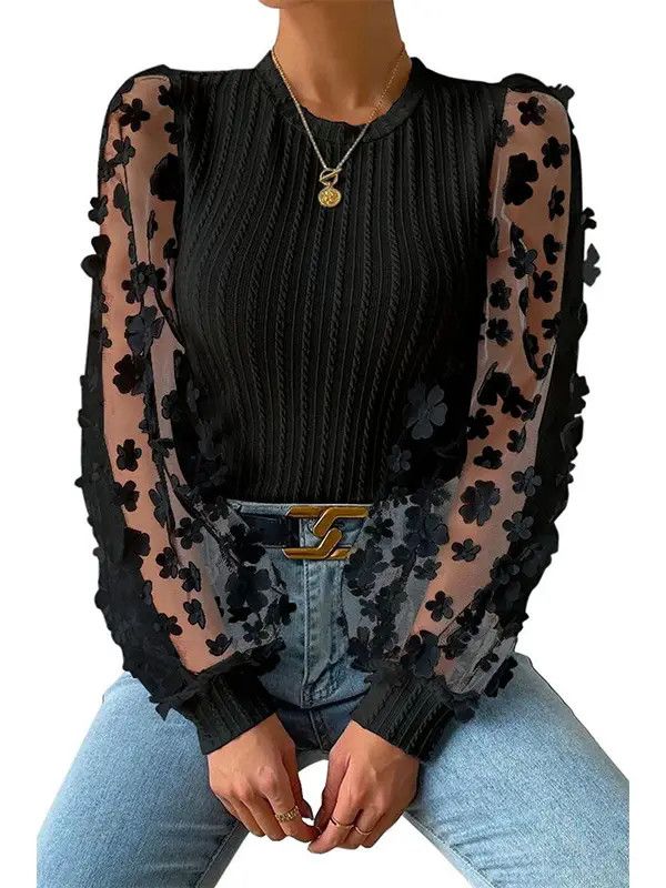 FLORAL SHEER MESH SLEEVE CREWNECK BLOUSE