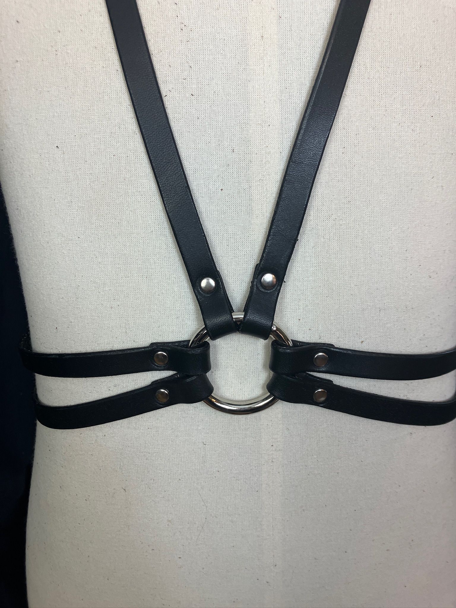 The Downright Harness in black displayed on a mannequin. Long low V front, with double strap waist belt.