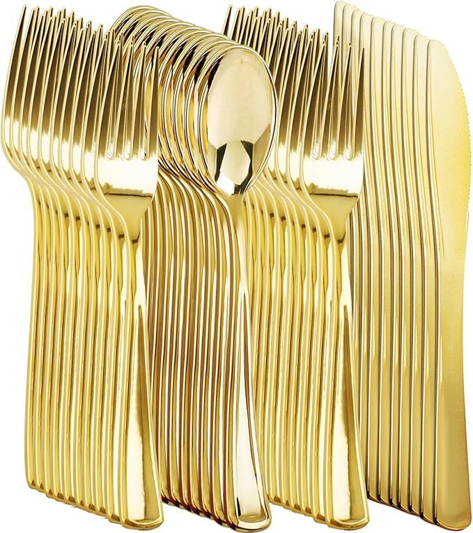 Heavy duty plastic cutlery combo - gold 48 count
