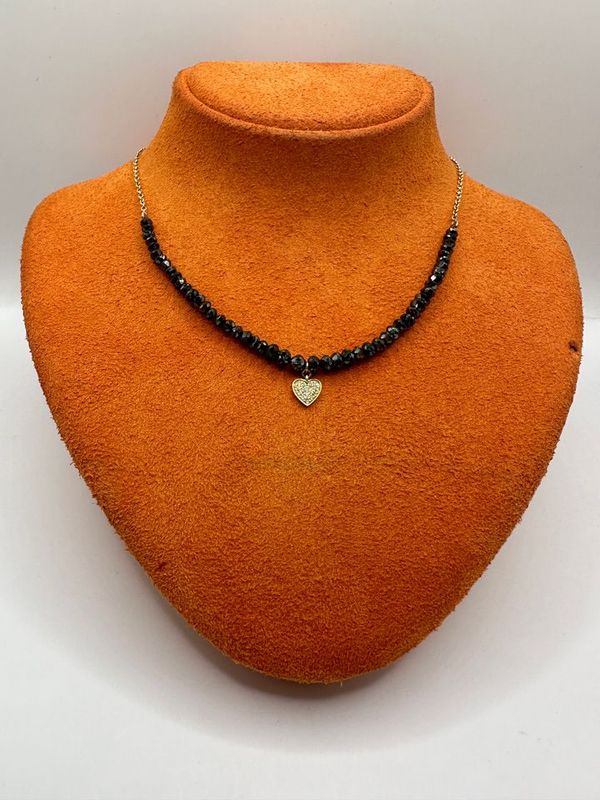 14K Yellow Gold Necklace with Black Beads and Diamond Heart Charm