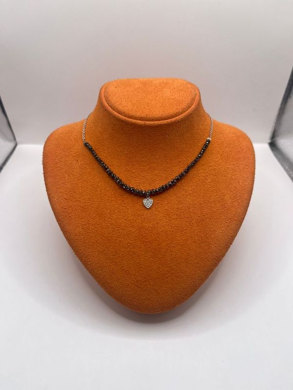14K White Gold Necklace with Black Beads and Diamond Heart Charm