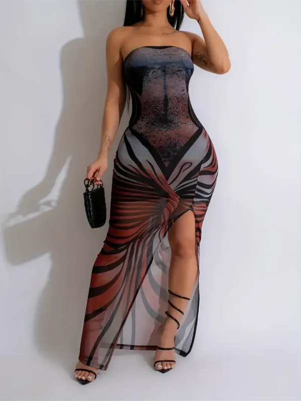 Women's Sexy Strapless High Slit Maxi Dress