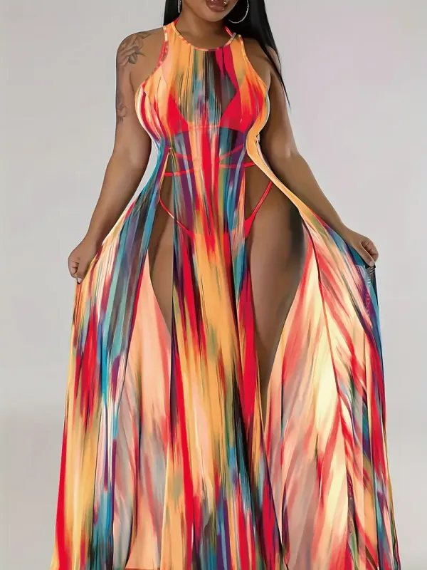 Plus Size Semi-sheer Colorful Print Halter Dress