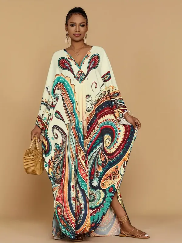 Kaftan Dresses for Women Bohemian Printed Four-sided Elastic V-neck