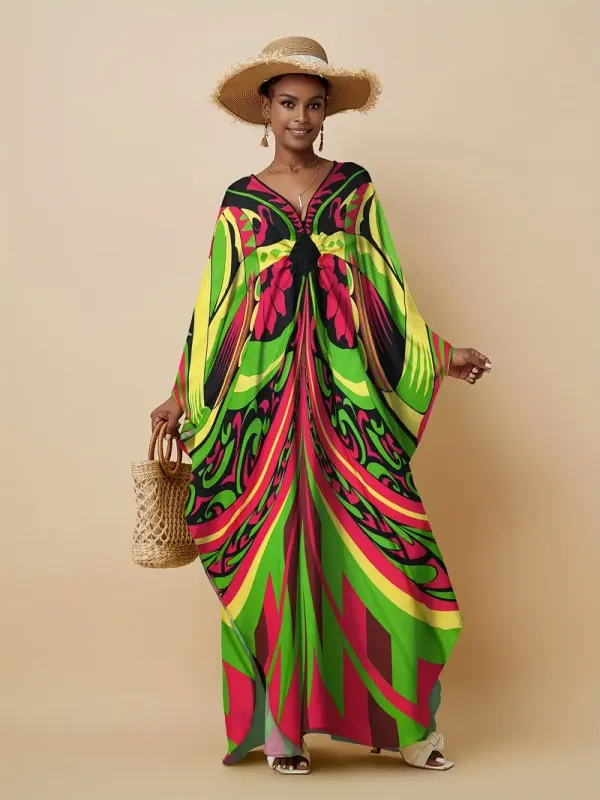 Women's Vibrant All-Over Print Kaftan Dress - V-Neck