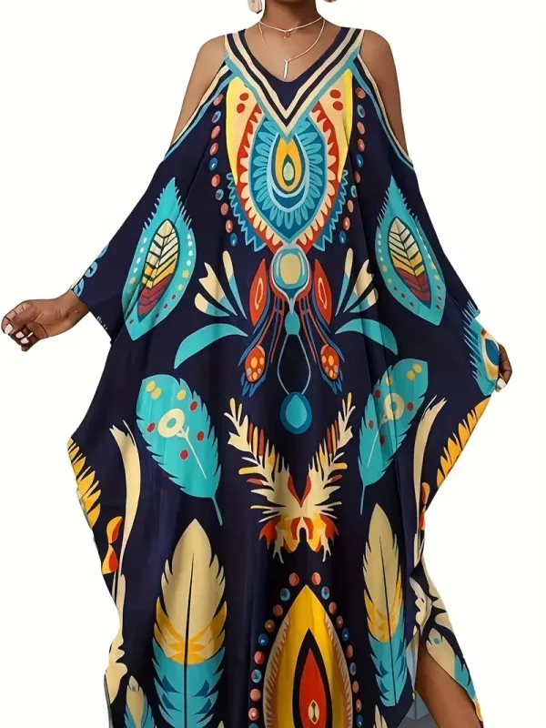 Long Sleeve, V-Neck, Print Beach Cover-Up, Plus Size,