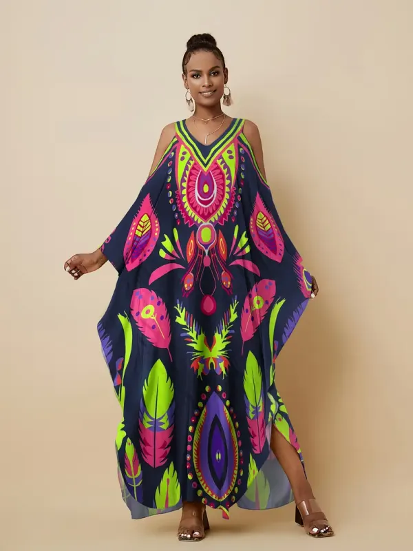 Bohemian Off-Shoulder V-Neck Kaftan Dress