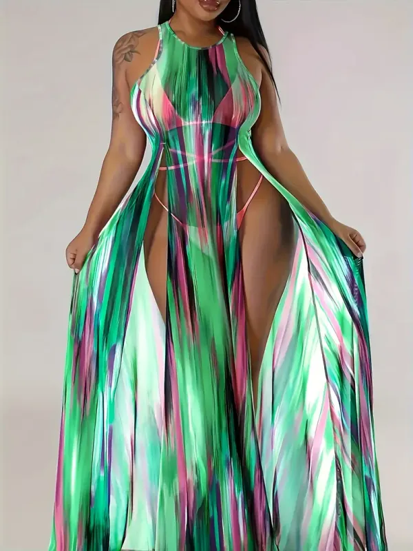 Plus-Size Sexy Sheer Split Sleeveless Beach Cover-Up Dress