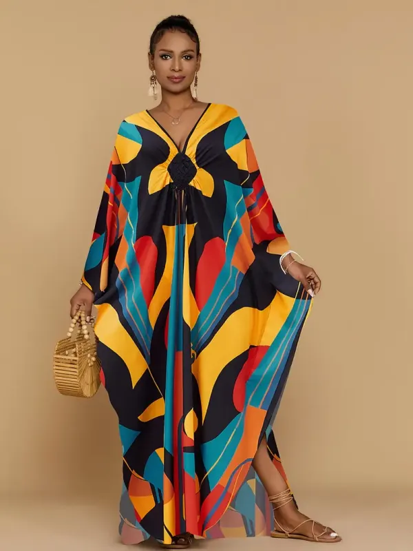Women's Lightweight Ethnic Kaftan Dress - Geometric & Floral Print V-Neck Beach Cover Up