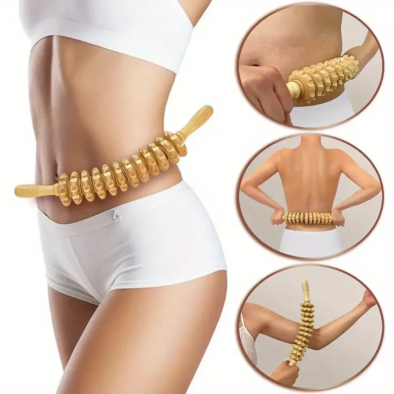 12-Roller Handheld Wooden Massager Stick - Curved Design