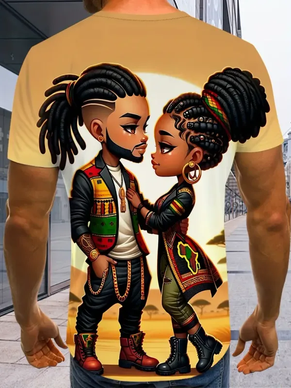 3D Creative Couple Print T-Shirt, Men'S Casual Street Style