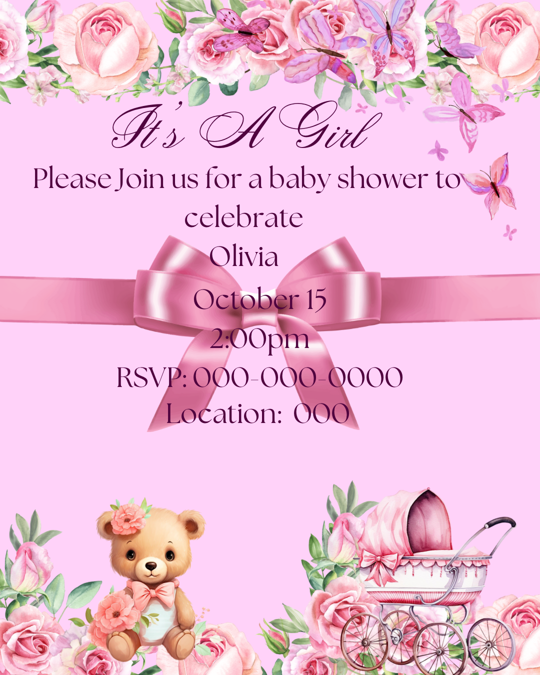 Digital invite- Pretty in pink teddy (SAMPLE)