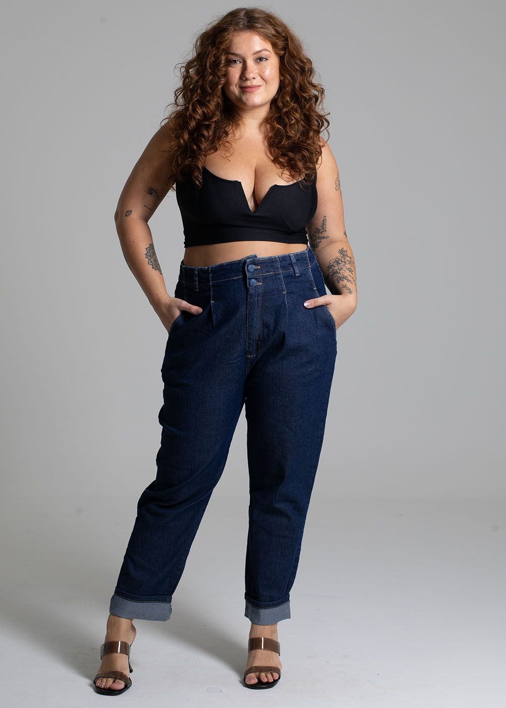 Sawary Plus Size Mom Jeans - High Waist, Denim Blue, Functional Pockets