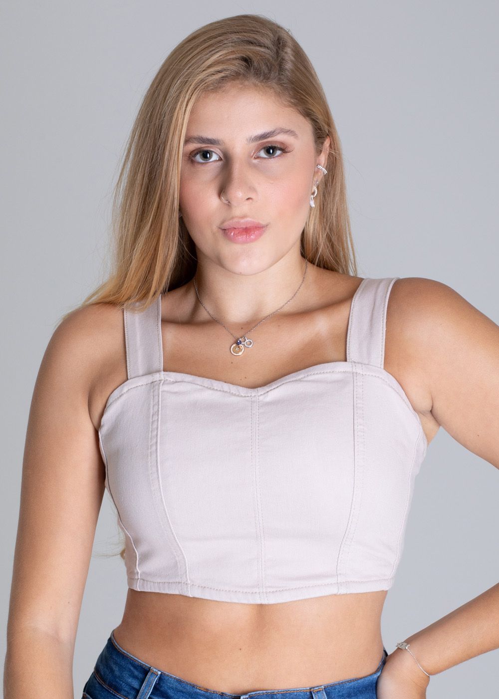 Sawary Women&#39;s Beige Waist-Length Cropped Twill Top - with Thin Straps and Straight Neckline
