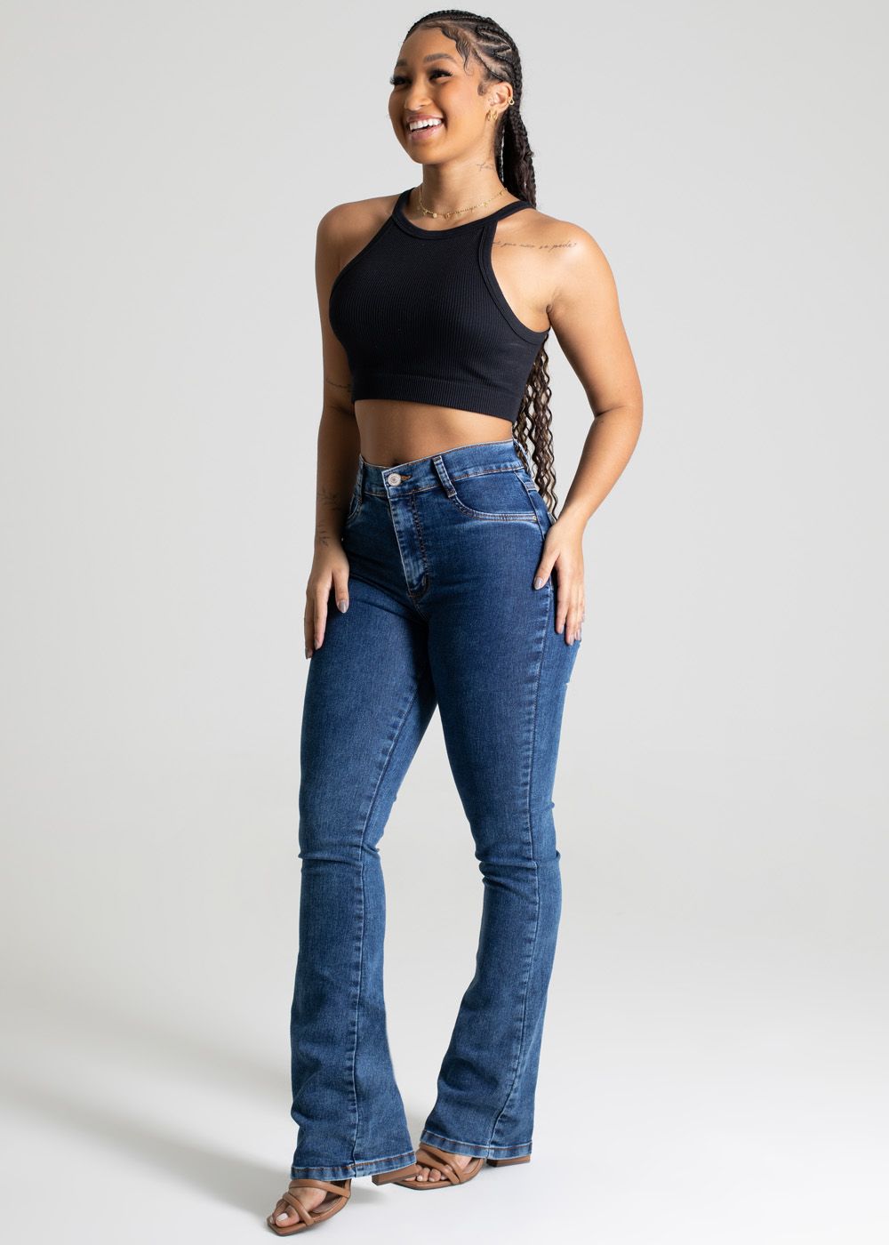 Sawary Boot Cut Jeans - Denim Blue, Mid Rise, Fitted Leg, Flared Hem