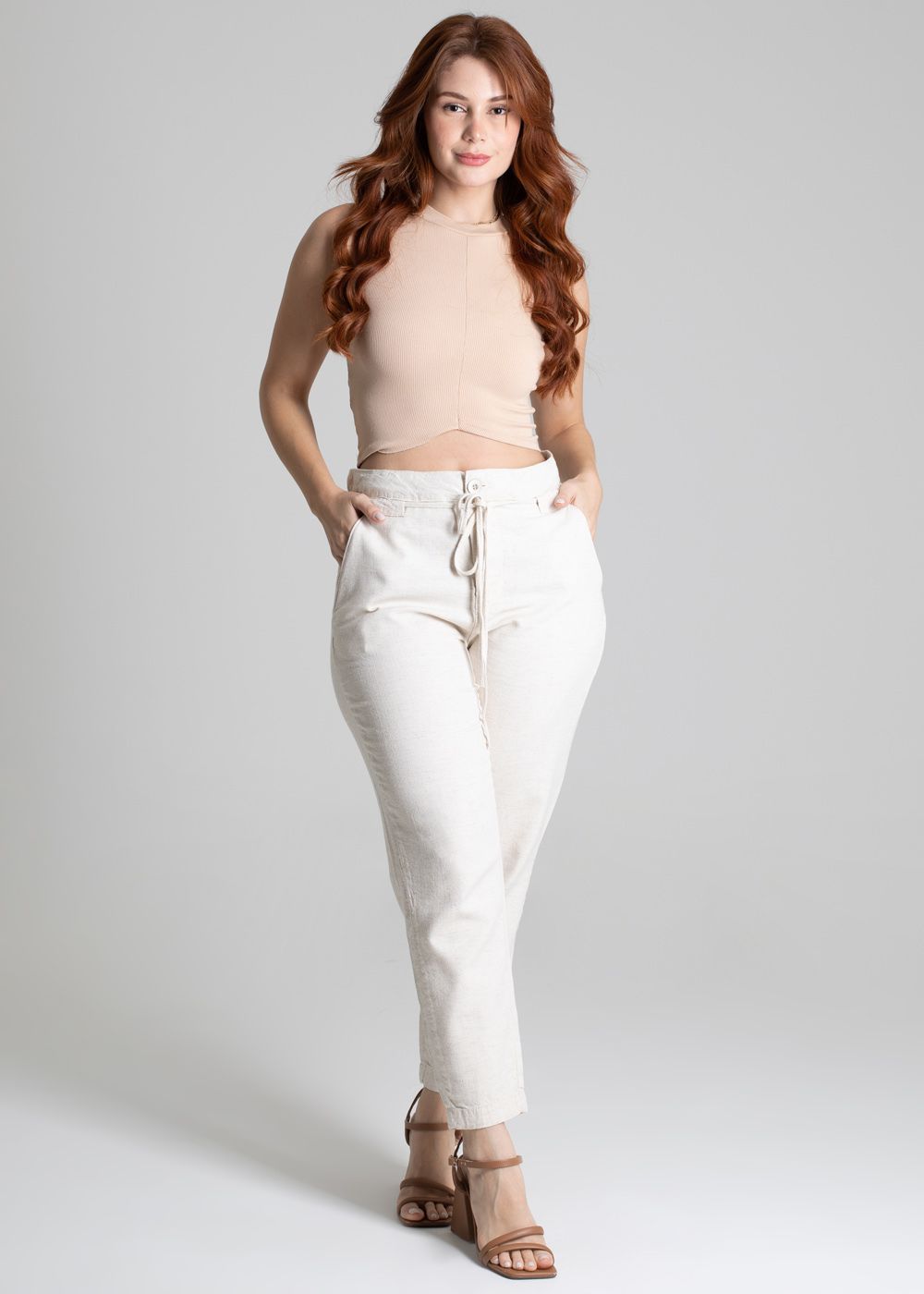 Sawary Linen Mom Pants - Loose Fit, Medium-Waist, Sand Color