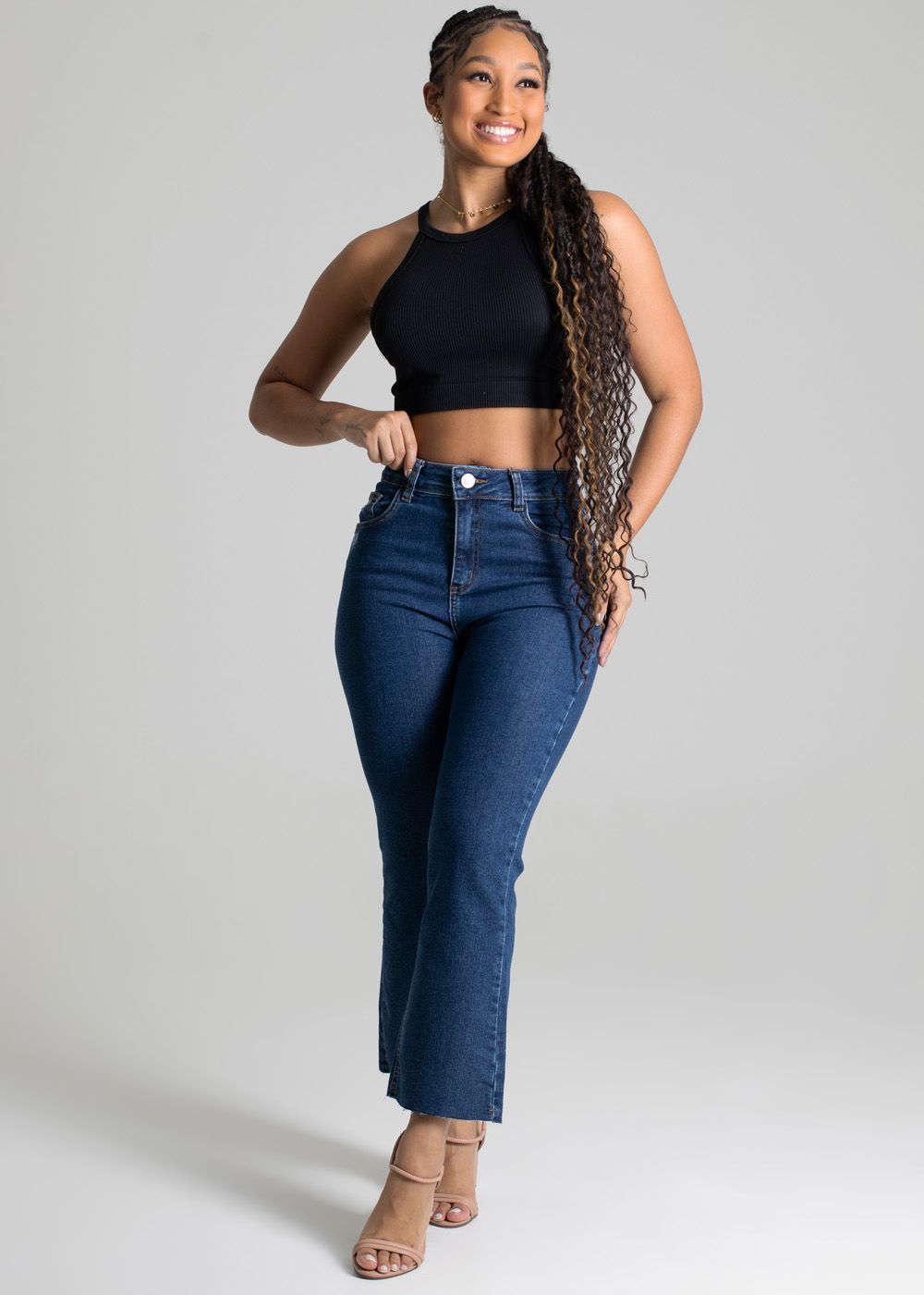 Sawary High-Waisted Cropped Flare Denim Blue Jeans