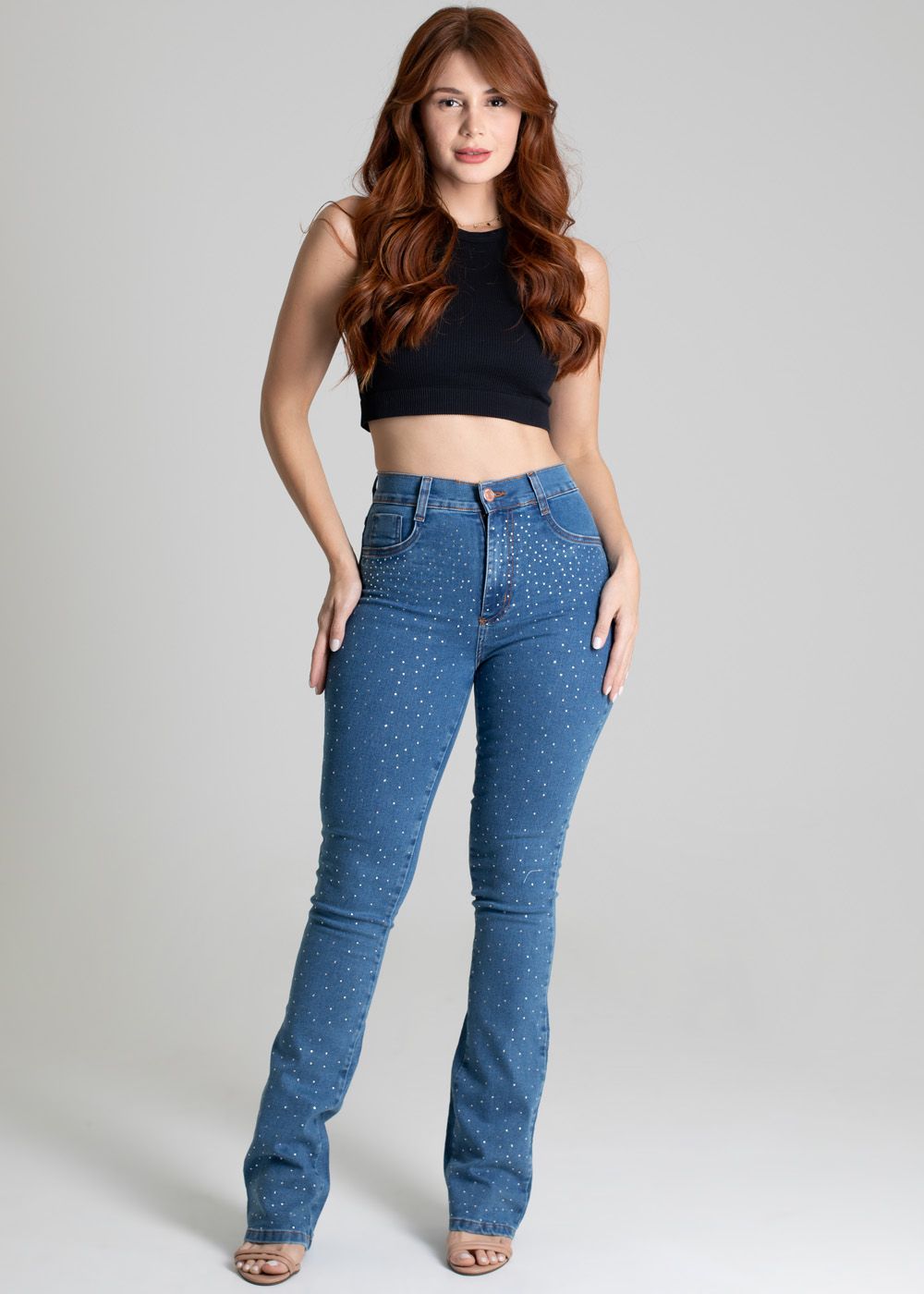 Sawary Women&#39;s Mid-Rise Boot Cut Jeans with Rhinestone Detailing