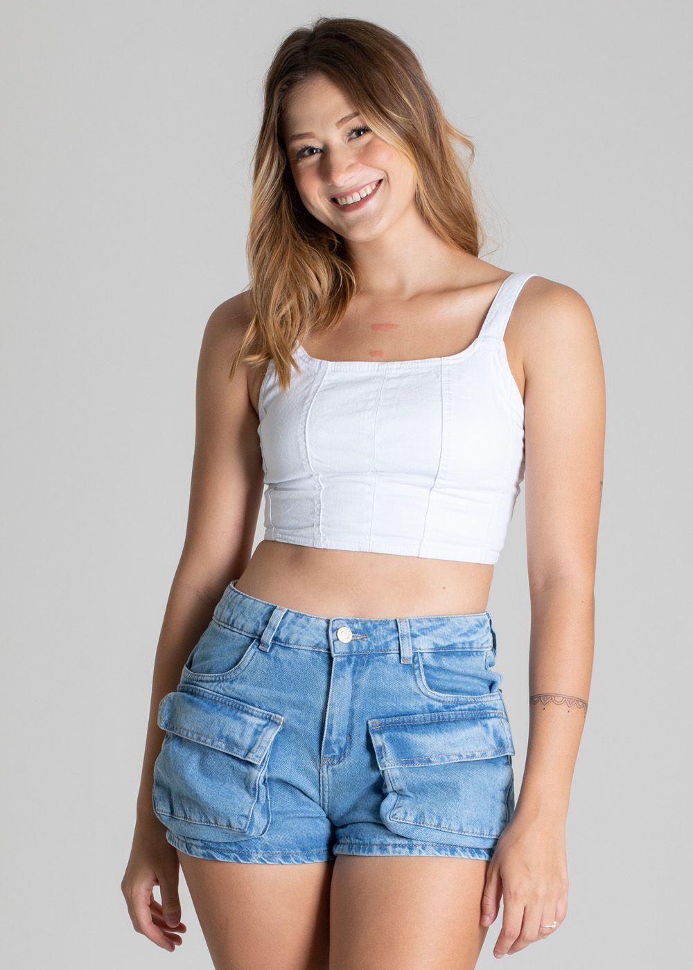 Sawary Cargo Jean Shorts - Mid-Waist, Button-Zip Closure, Casual Style