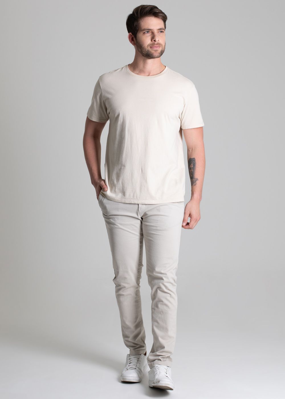 Sawary Skinny Beige Twill Pants - Mid-Rise, Functional Pockets