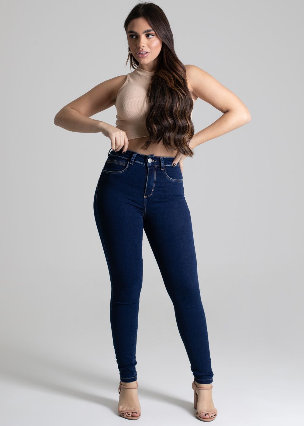 Sawary Mid-Rise Butt-Lifting Jeans - Denim Blue, Faux Front Pockets, Functional Back Pockets