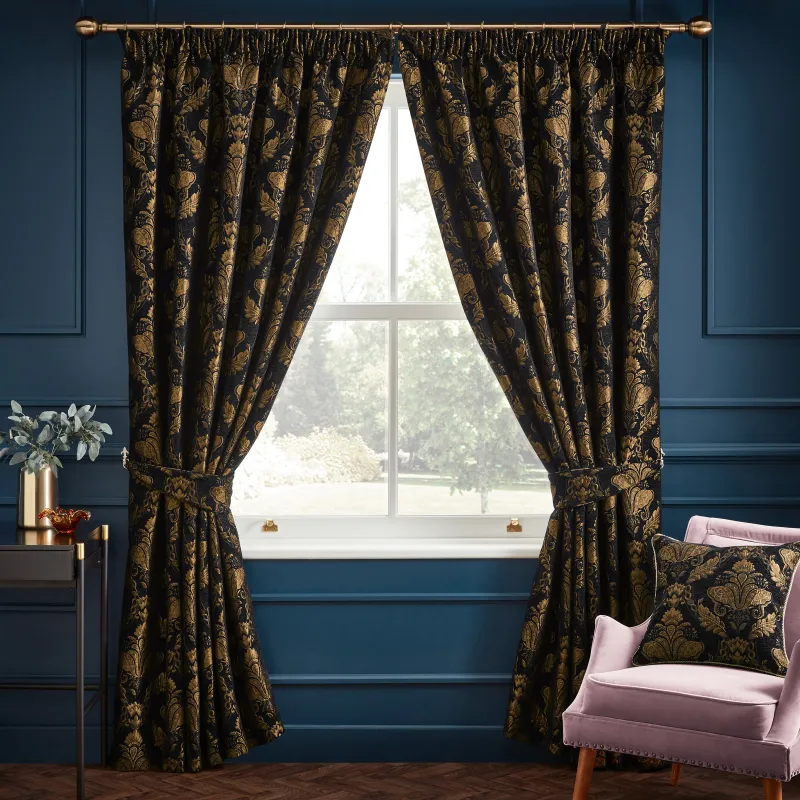 Shiraz Traditional Jacquard Pencil Pleat Curtains Black