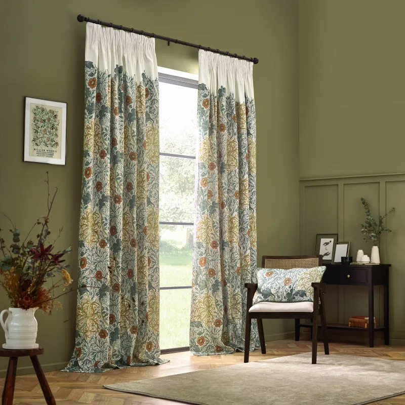 Seaweed Printed Embroidered Velvet Pencil Pleat Curtains Stone/Sunflower