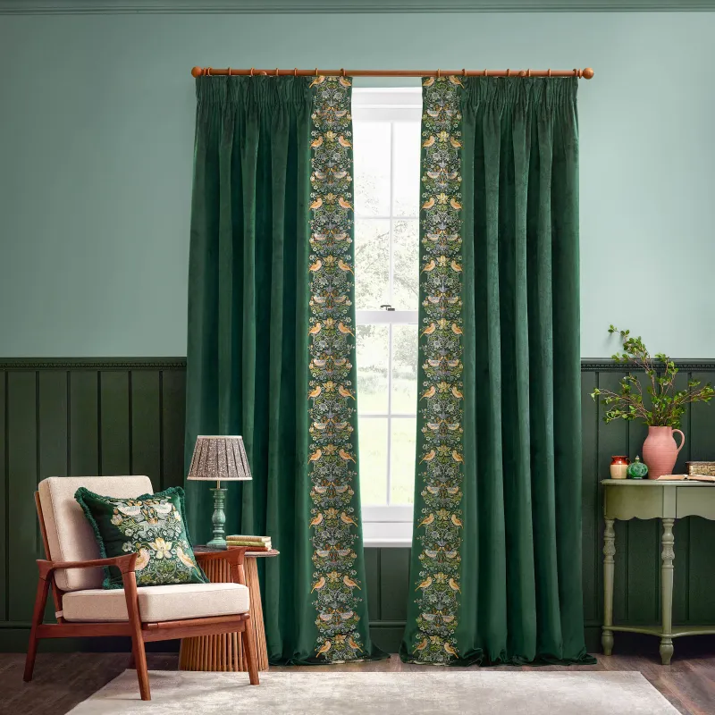 Strawberry Thief Embroidered Floral Pencil Pleat Curtains Forest Green