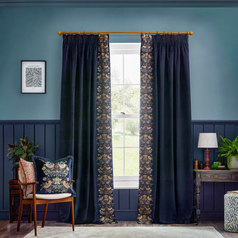 Strawberry Thief Embroidered Floral Pencil Pleat Curtains Indigo