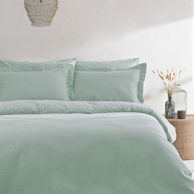 Waffle Textured 100% Cotton Duvet Cover Set Seafoam