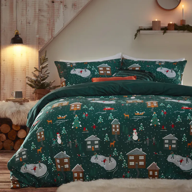 Winter Pines Pyjama Fleece Duvet Cover Set Pine Green